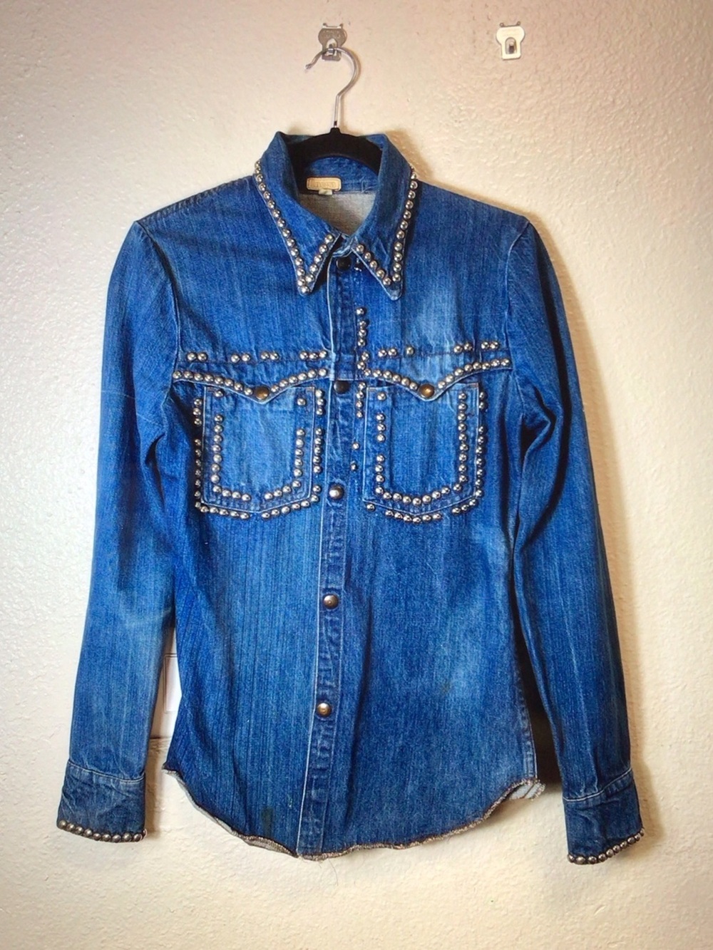 VTG Inega Studded Blue Denim Shirt - Women's Blouse
